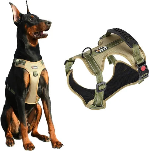 Miniatura 14 de Arnés táctico para perro de tamaño M sin tirones, con asa y ribete reflectante, arnés ajustable para el pecho con clips de correa delantera y Caqui