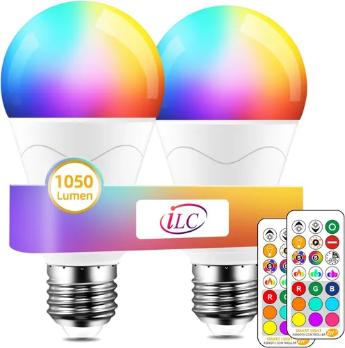 ILC Bombilla LED equivalente a 85 W, bombillas que cambian de color, 2700 K, blanco cálido, control remoto RGB 6 modos, temporizador, 2 unidades