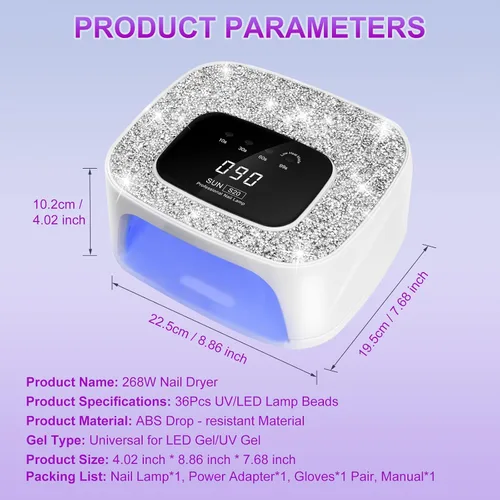 Miniatura 7 de Lámpara de uñas LED UV, secadores y guantes de 268 W, luz UV de diamante para esmalte de uñas de gel, lámpara de gel de poliéster de secado rápido