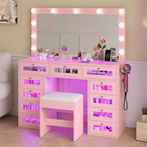 Miniatura 11 de Escritorio negro con espejo iluminado y toma de corriente, mesa de tocador de 11 cajones con silla, tocador de maquillaje con 11 bombillas