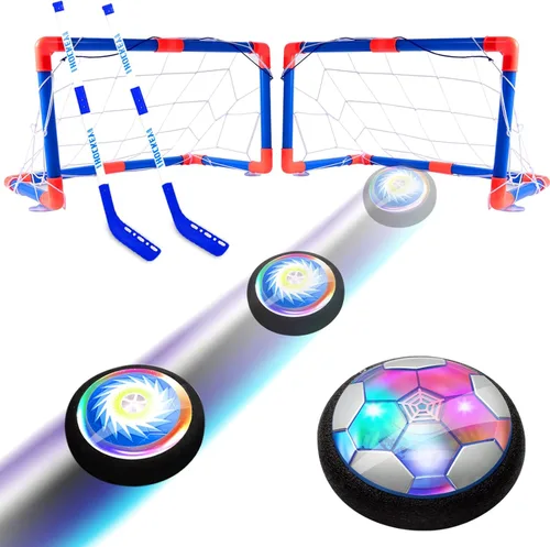 Conjunto de hockey y fútbol flotante 3 en 1, juguetes de hockey y fútbol recargables con aire flotante y batería para niños con luces LED y