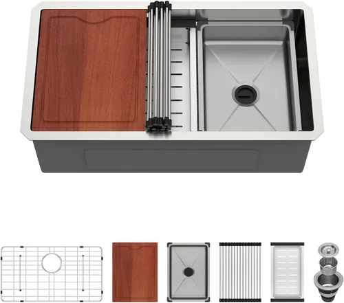 Miniatura 9 de Fregadero de cocina negro de 12 x 15 pulgadas, fregadero de barra pequeña con estación de trabajo de preparación de barra húmeda, lavabo de acero