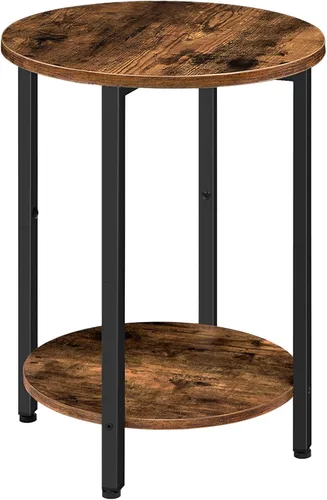 HOOBRO Mesa auxiliar redonda, mesa auxiliar de aspecto de madera para sofá, mesita de noche redonda con estante de almacenamiento de 2 niveles, para