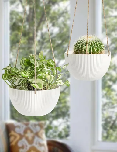 Miniatura 4 de UBEE Macetas colgantes de cerámica para interiores y exteriores, maceta colgante de 7.5 pulgadas + 6.5 pulgadas para plantas, cesta colgante