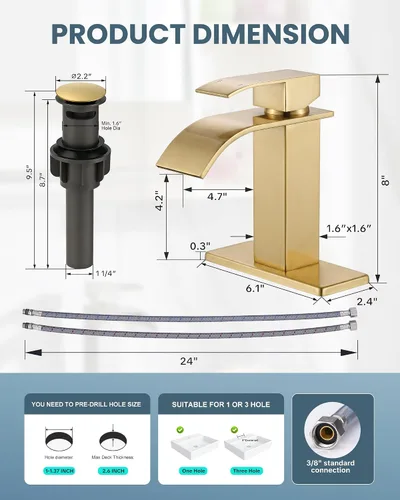Miniatura 2 de ARCORA - Grifo de baño de cascada de oro cepillado, grifo mezclador de lavabo de baño con placa de cubierta y drenaje desplegable, 1 o 3 agujeros