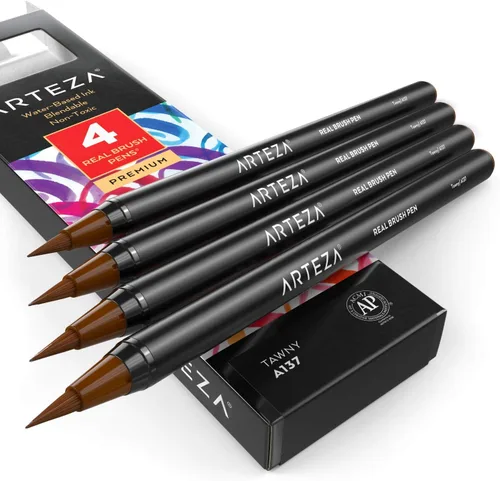 Miniatura 9 de Arteza Bolígrafos de pincel real, A174 gris delfín, paquete de 4, bolígrafos de acuarela con puntas de pincel de nailon, suministros de arte