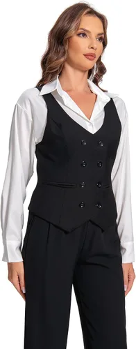 Miniatura 6 de Foucome Chaleco de traje para mujer con doble botonadura con cuello en V a la moda, elegante chaleco casual para mujer