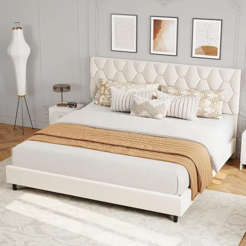 Miniatura 14 de GAOMON Base de cama individual XL beige con cabecera tapizada, base de cama de plataforma resistente con listones de madera fuertes, no necesita