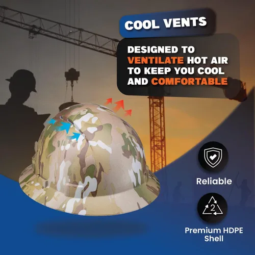 Miniatura 6 de Casco de construcción OSHA de ala completa con diseño camuflaje ventilado de acabado mate, suspensión de 6 puntos