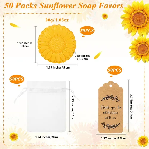 Miniatura 2 de Demissle Juego de 50 recuerdos de fiesta de boda, regalos de jabón de girasol para invitados con etiqueta de agradecimiento, bolsas de regalo
