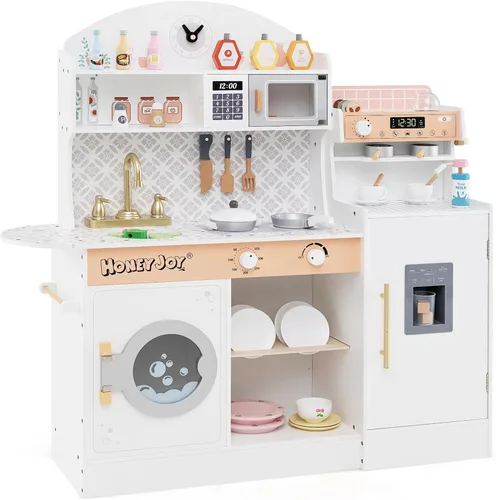 HONEY JOY Juego de cocina para niños, juego de cocina de juguete de madera con luces, cafetera, microondas, fregadero, máquina de hielo, lavadora,