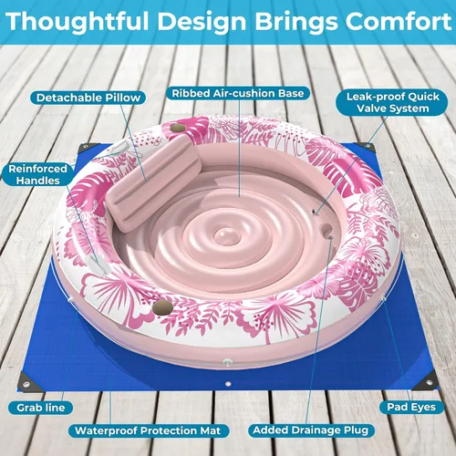 Miniatura 7 de Inflatable Tanning Pool Lounger Float with Protection Tarp, 75" x 75" Pool Floats Adult with Pillow, 6 in 1 Suntan Tub Raft Floatie, Sunbathing Rosa