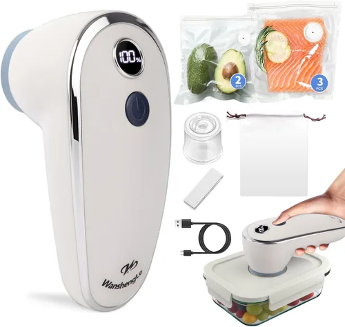 WanshengLe - Sellador al vacío de mano con recipiente de vacío de vidrio y 5 bolsas de vacío reutilizables, máquina selladora al vacío compacta para