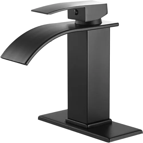 Grifo de baño negro de un solo agujero con una manija para lavabo de baño, cascada, montaje en cubierta, grifo mezclador de baño comercial