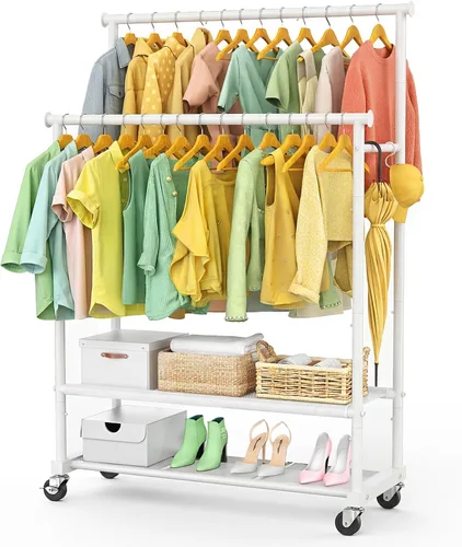 Miniatura 8 de Perchero de doble barra para colgar ropa, perchero de ropa resistente con ruedas, percheros de ropa independientes con estante inferior Oxford