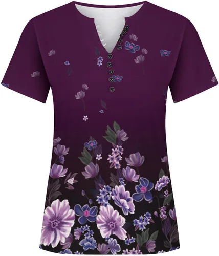 Miniatura 11 de Summer Shirts for Women 2025 Plus Size Short Sleeve Henley Tops Marble Floral Loose Tshirt Tee Casual Dressy Tunics