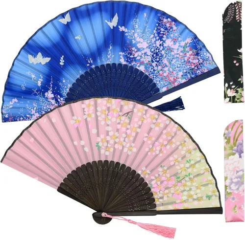 Zolee 2 abanicos de mano plegables pequeños para mujer, abanicos chinos japoneses de seda de bambú vintage, para baile, actuación, decoración, boda,