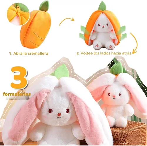 Miniatura 2 de Almohada de peluche de conejo, reversible, zanahoria y fresa, animal de peluche con cremallera, bonita decoración de conejo para niños y adultos
