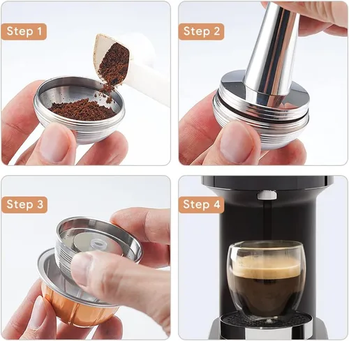 Miniatura 4 de Cápsulas Vertuo Reutilizables de Acero Inoxidable Compatibles con VERTUO NEXT+RECARGA+Alumin-VERTUO-Pods-80+150+230ml Cada 2 Piezas +Tamizador