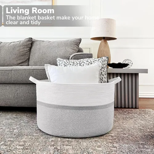 Miniatura 2 de CHICVITA Cesta tejida de cuerda de algodón extra grande XXL, cesta de almacenamiento para manta con asas, cesta decorativa para ropa, 22 x 22 x 14