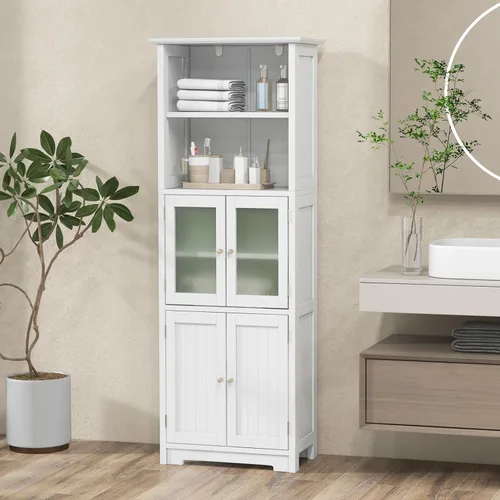 Miniatura 2 de COSTWAY Armario alto de almacenamiento para baño, armario de despensa de cocina independiente con puertas de vidrio y estante ajustable, gabinete