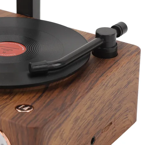 Miniatura 9 de Altavoz de tocadiscos vintage, tocadiscos portátil de grano de madera, altavoz Bluetooth con bocina de cobre, función de radio FM, diseño compacto