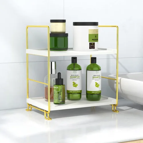Miniatura 10 de Estante organizador de especias de 2 niveles para baño, estante de almacenamiento de encimera, estante de almacenamiento de cosméticos de pie negro