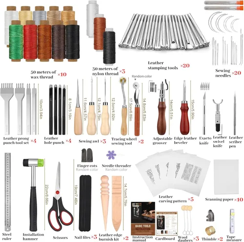 Miniatura 2 de QMNNMA 102PCS Herramientas de trabajo de cuero Kit de artesanía de cuero con bolsa de almacenamiento personalizada, herramientas de estampado