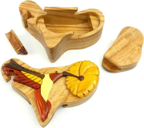 Miniatura 4 de Hummingbird & Flower - Caja de rompecabezas de Intarsia de madera natural, hecha a mano con compartimento secreto