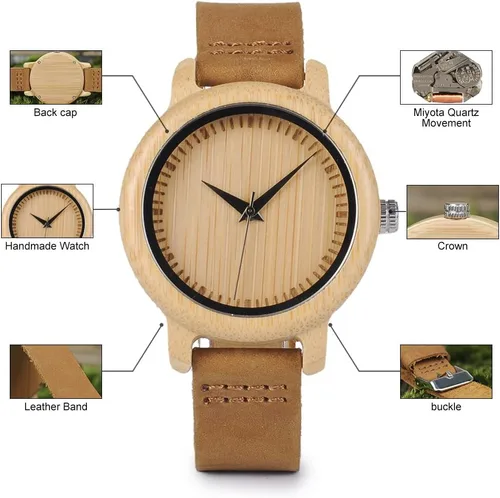 Miniatura 3 de BOBO BIRD Reloj de madera de bambú para hombre y mujer con correa de cuero de vaca marrón, relojes casuales de cuarzo analógico