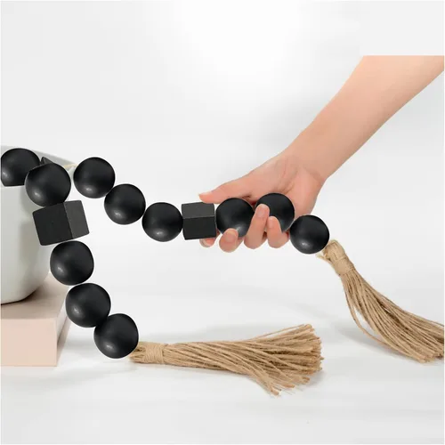 Miniatura 24 de OMISHE Guirnalda de Cuentas de Madera Extra Grande Blanco Rústico con Cuentas de Madera de 1.6" de Diámetro y Borlas, 41" de Largo Cuentas 7 blanco
