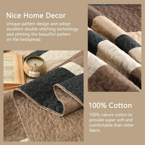 Miniatura 4 de Finlonte Colcha tamaño Queen, 100% algodón, cubrecamas de gran tamaño, tamaño Queen, color marrón carbón, beige, acolchado, a rayas, estilo granja