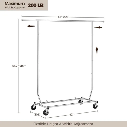 Miniatura 3 de Yaheetech Percheros de ropa comercial con ruedas, barra individual de grado ajustable, altura ajustable, perchero con ruedas para colgar ropa