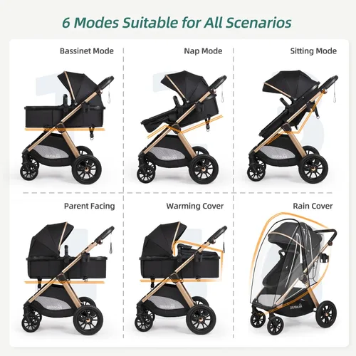 Miniatura 8 de Cochecito de bebé convertible 6 en 1 con moisés con silla de paseo - Silla de recién nacido plegable con saco, cubierta para lluvia, soporte