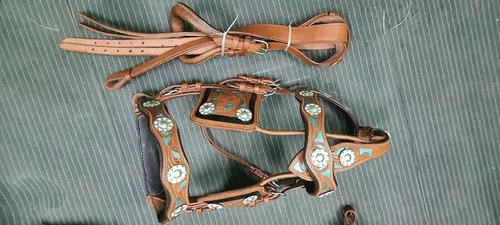 Miniatura 3 de Arnés de conducción de cuero de color marrón natural elegante de 3 tonos para carro de caballo solo en 4 tamaños