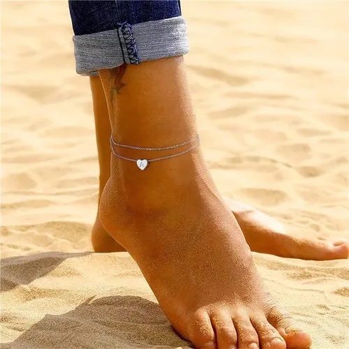 Miniatura 2 de Tobillera con inicial de corazón de plata para mujer, chapada en oro blanco de 14 quilates, hecha a mano, delicada tobillera en capas con letra