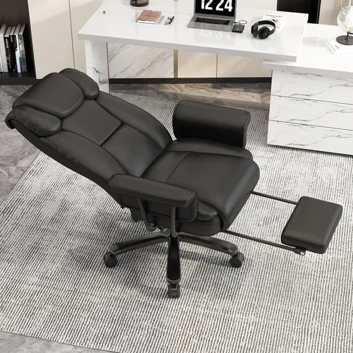 Miniatura 9 de GYI Silla de oficina reclinable 160 con reposapiés, silla de escritorio grande y alta, color negro Asiento con patas cruzadas, respaldo alto, piel