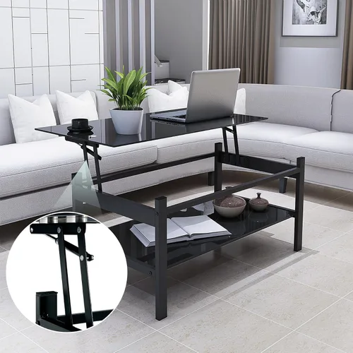 Miniatura 4 de Mesa de centro negra elevable, moderna mesa central pequeña de vidrio templado de 2 capas con almacenamiento, mesa auxiliar ajustable de 37.8