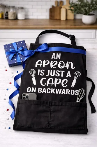 Miniatura 6 de Divertido delantal de cocina – «An Apron Is Just A Cape On Backwards» – Regalo para hombres, mujeres, papá, mamá – Delantal de cocina negro