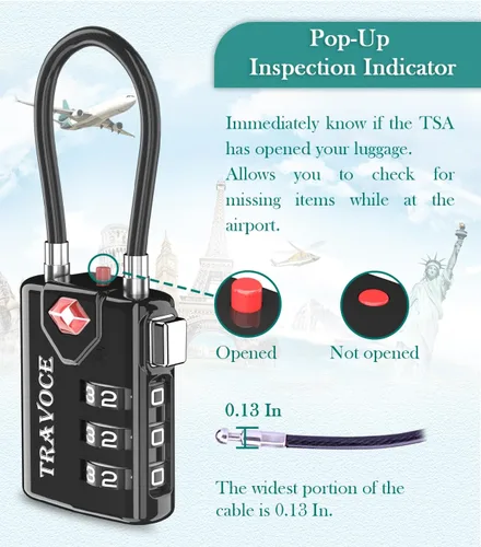 Miniatura 6 de Search Alert - Cerraduras de cable de equipaje de combinación de viaje aprobadas por la TSA para maleta, casillero de gimnasio, caja