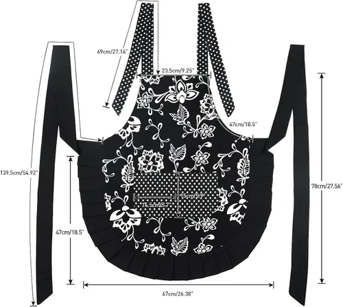 Miniatura 2 de G2PLUS Delantal de cocina floral vintage para mujer, delantal de cocina con dobladillo plisado negro con bolsillo, delantal de algodón retro