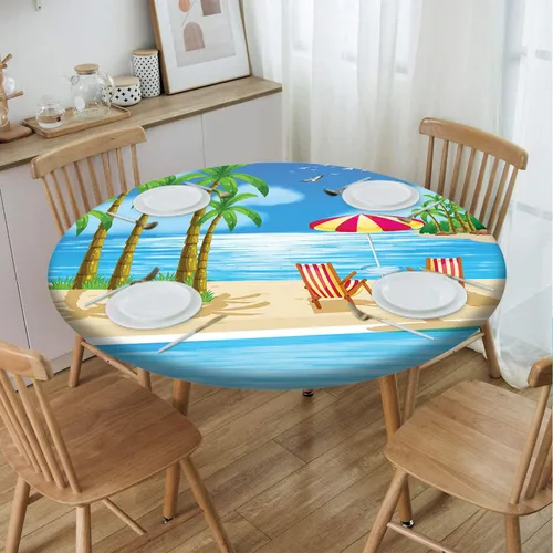 Miniatura 50 de Mantel con patrón de playa, borde elástico, impermeable, lavable, para uso en interiores y exteriores, patio, turquesa aguamarina, para mesas