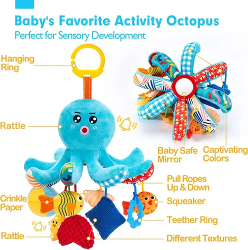 Miniatura 5 de hahaland Juguetes para bebés de 0 a 6 meses – Juguetes para asiento de automóvil, juguete de pulpo con cuerdas de tracción, chirriante, sonajero