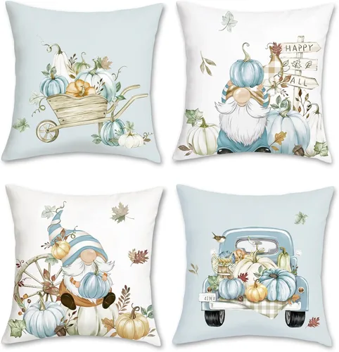 Bonhause Juego de 4 fundas de almohada decorativas de gnomos de otoño de 18 x 18 pulgadas, calabazas color verde azulado, hojas de otoño, camión,
