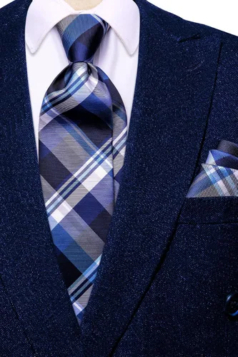 Miniatura 231 de Hi-Tie Corbata clásica de cachemira para hombre con pañuelo y gemelos a cuadros