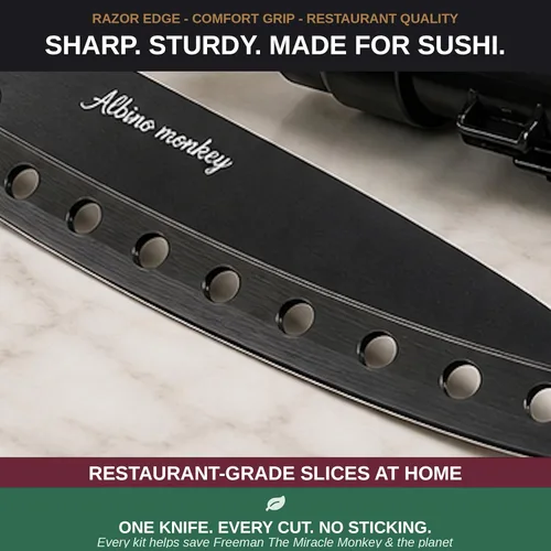 Miniatura 6 de Albino monkey Kit de fabricación de sushi con cuchillo Pro Sashimi – Rollo de más de 10 tipos de sushi – Bazuca de sushi, bambú + alfombrillas aptas