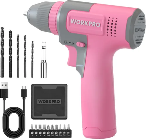 Miniatura 9 de WORKPRO Juego de taladro inalámbrico de 8 V, taladro eléctrico de 2 Ah con portabrocas sin llave de 3/8 pulgadas, 15 puntas, carga tipo C, LED