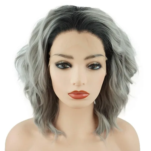 Pelucas de cabello rizado corto de 14 pulgadas, color gris oscuro degradado de alta densidad con encaje frontal sintético realista
