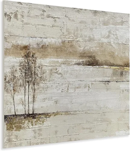 Yihui Arts Arte de pared del paisaje del lago - Pintura rústica de granja en lienzo con árbol texturizado y acentos de lámina dorada para la