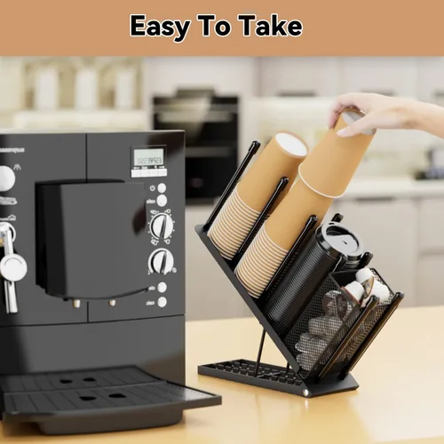 Miniatura 6 de OVICAR Soporte para tazas y tapas, organizador ajustable para tazas de café, dispensador de tazas desechables de 4 compartimentos, con cesta de Negro